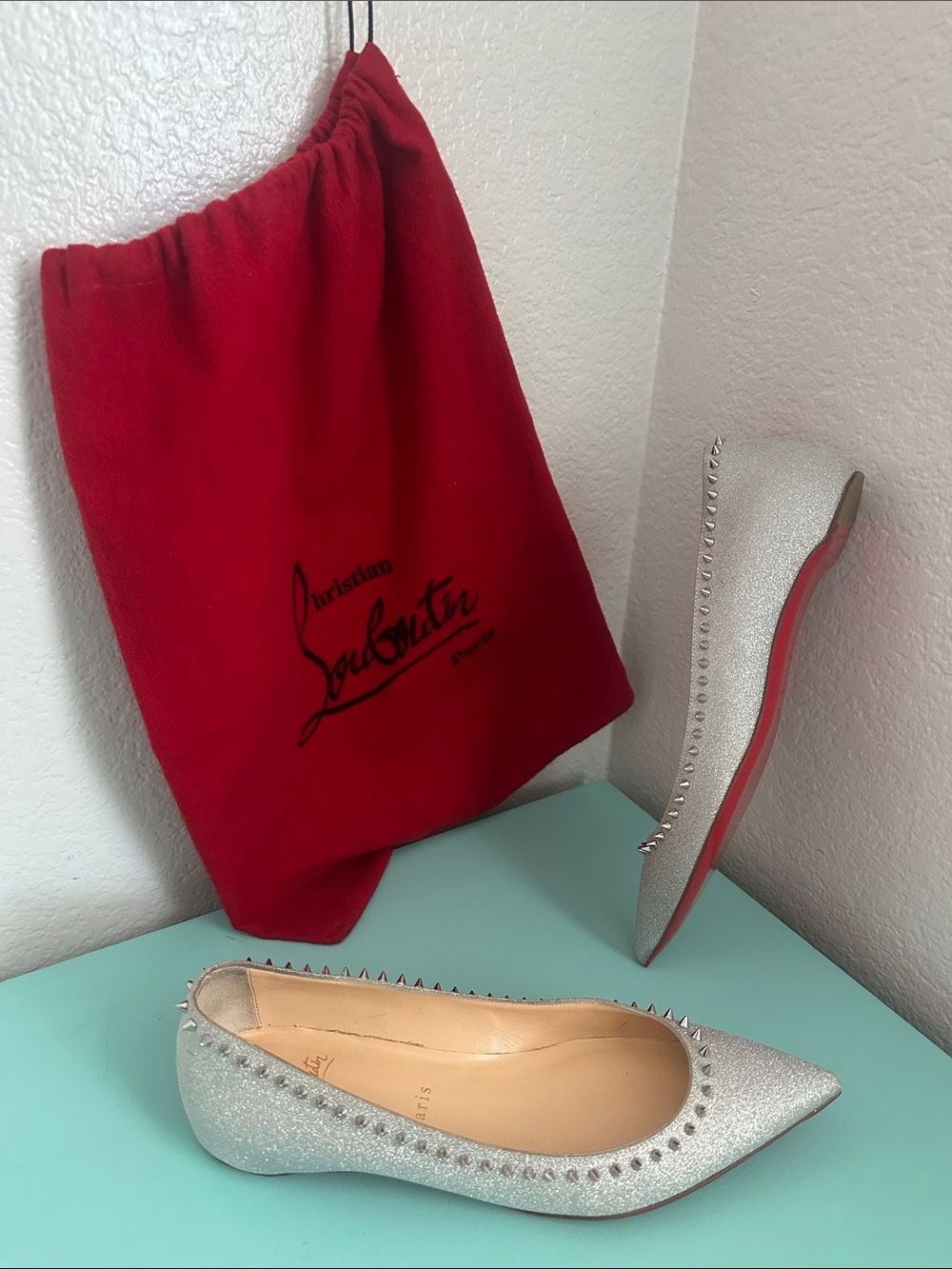 Christian Louboutin ANJALINA FLAT GLITTER MINI SV71 SILVER, serial#1200727-new